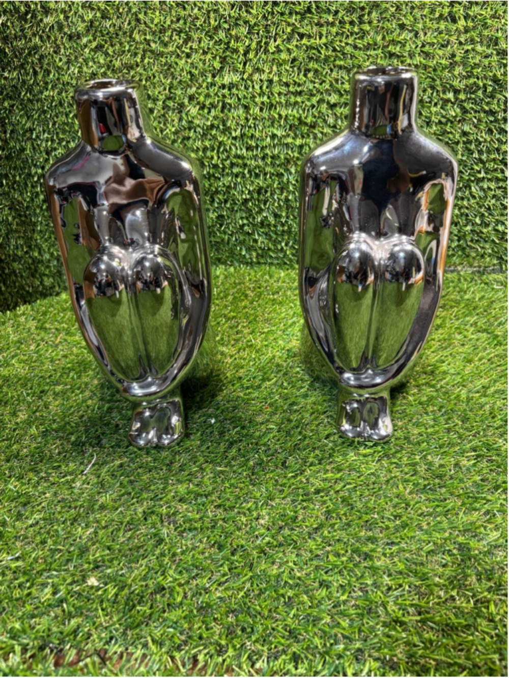 Set of 2 Silver Chrome Ceramic Human Body Form Vases Sitting Figurine #S103